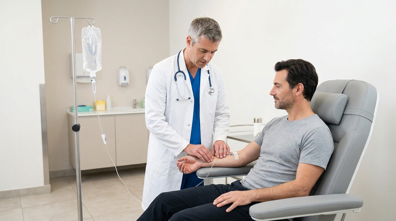 Врач проверяет пациента при капельнице от похмелья